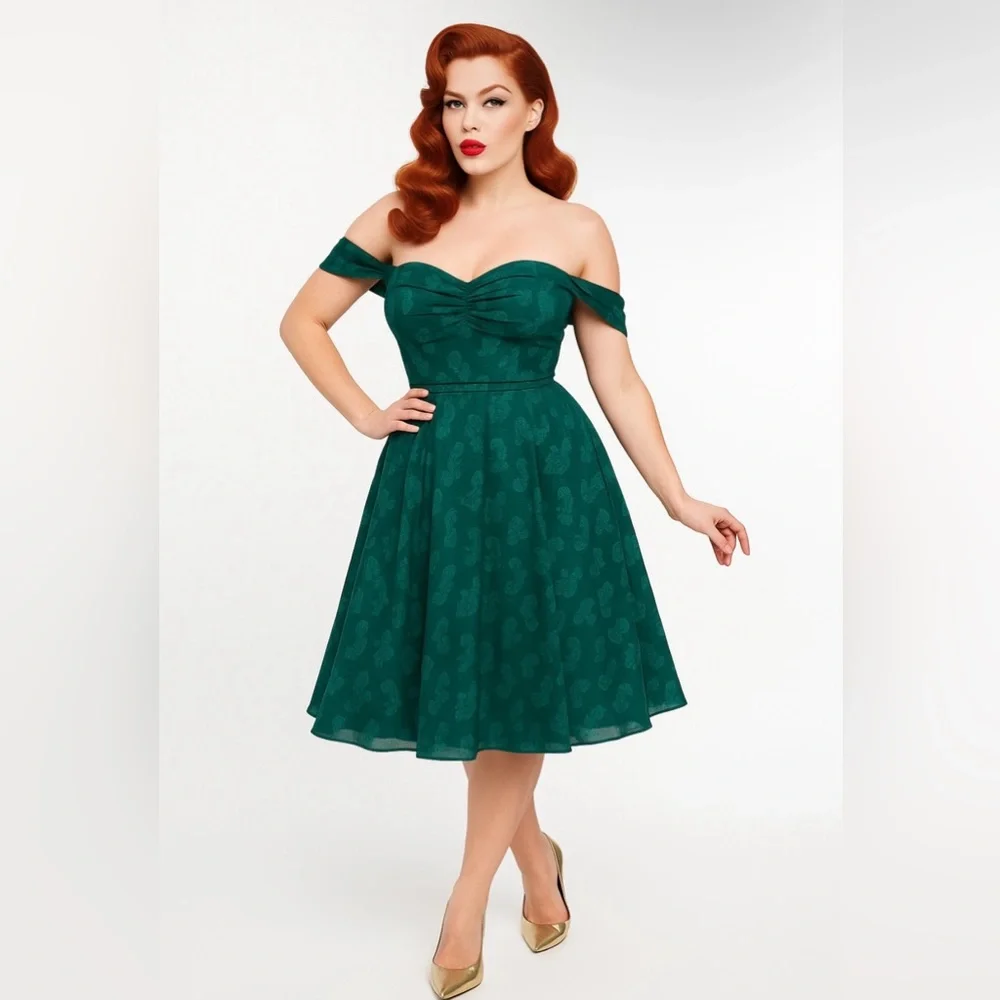 Unique Vintage 1950s Teal Green Jacquard Off Shoulder Flare Dress, Size  XL, NWT - Picture 9 of 15